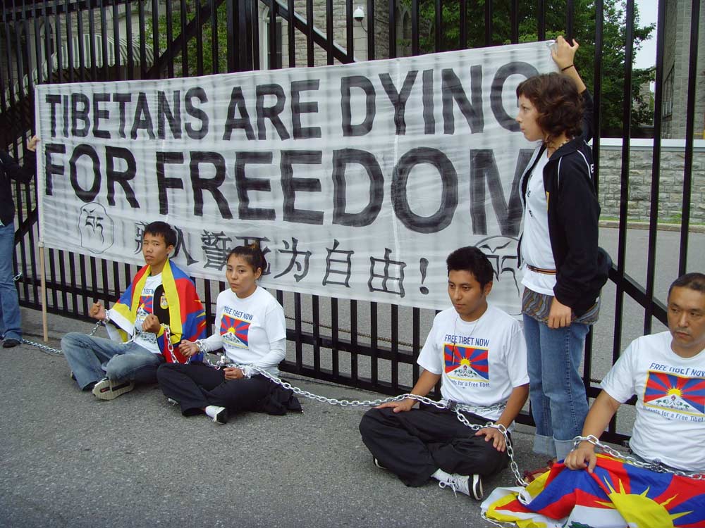SFT Activists chained to the gate of the Chinese embassy in Ottawa.