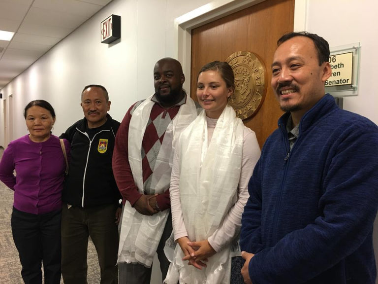 SFT Int'l Board member Thondup Tsering and members of the Tibetan community meet Senator Elizabeth Warren's Springfield office staff to urge the her to support the Reciprocal Access to Tibet Act.