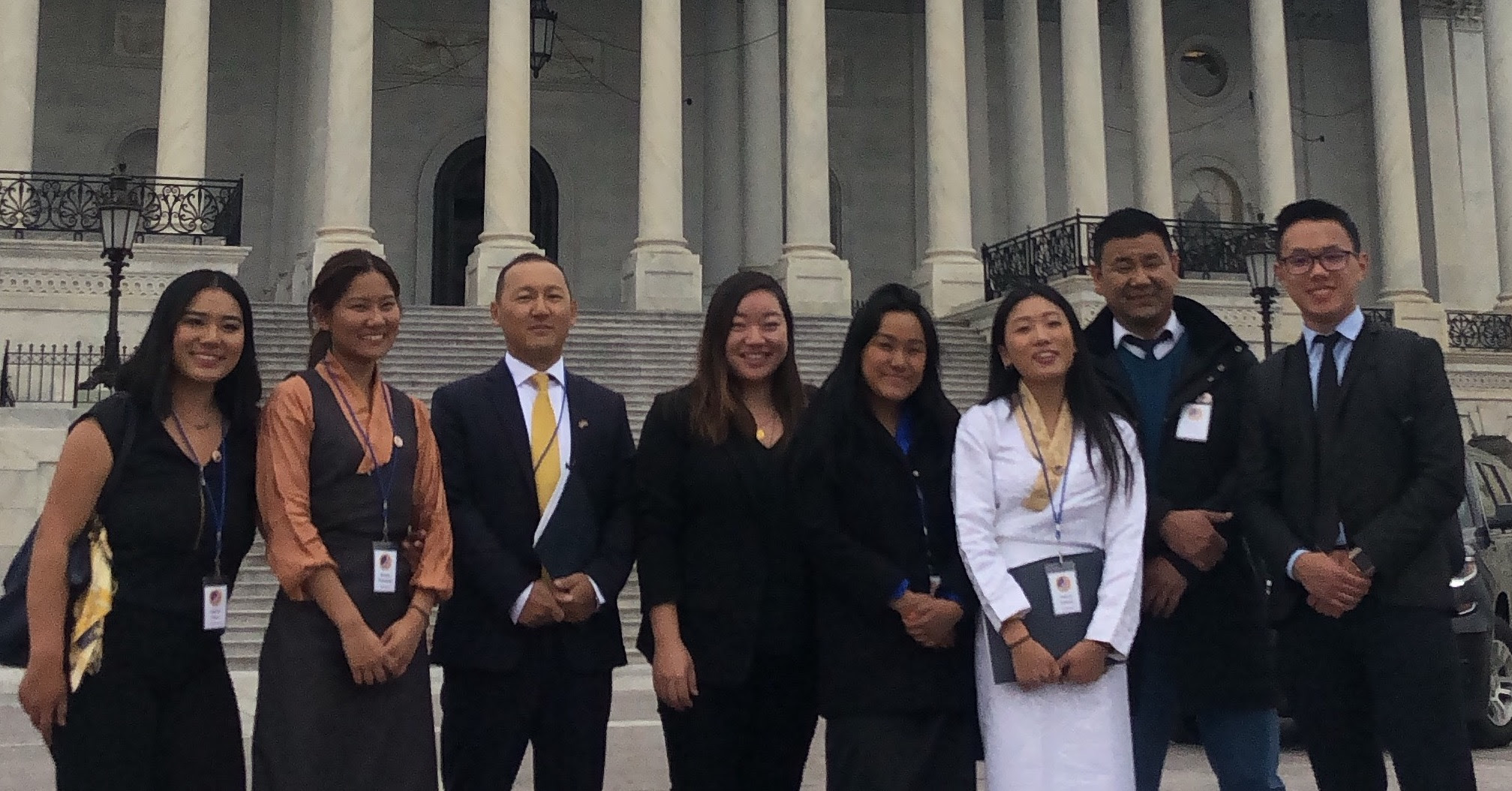 Chapter leaders from UC Davis and Redondo Union High School pose for a photograph outside the US Capitol with Sonamtso, SFT Campaigns and Communications Director, during US Tibet Lobby Day 2019.